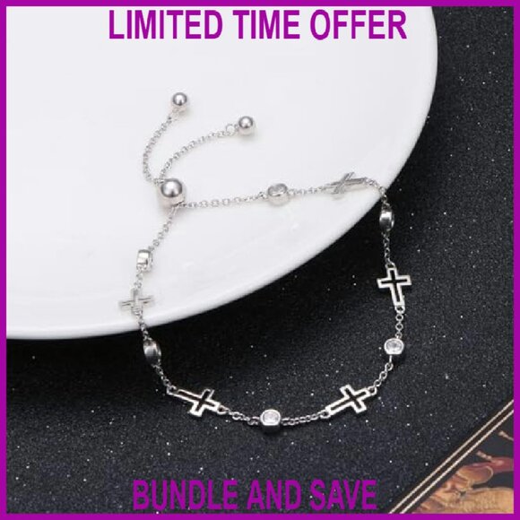 Sterling Silver Adjustable Cross Bracelet with Zirconia Stones - Picture 7 of 8